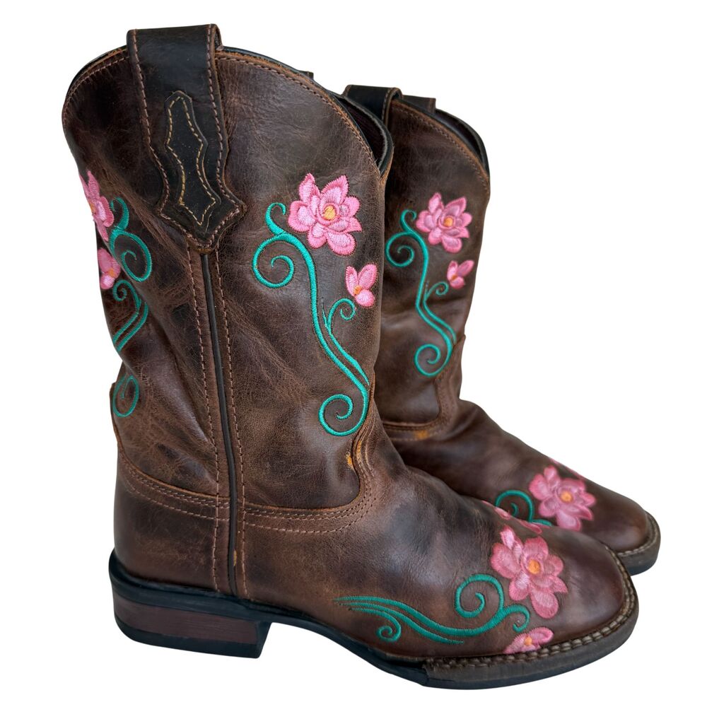 ROPER Little Girl Boots Size 3 Helen Brown Color Floral Embroidery & Leather